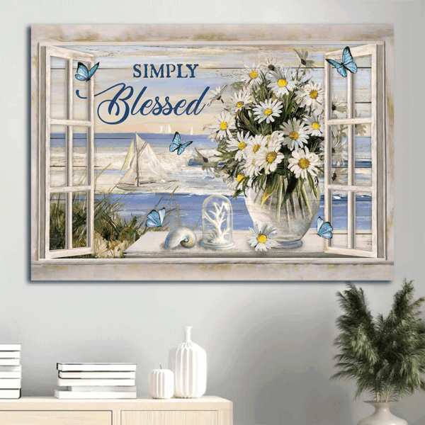Jesus Landscape Poster – Beach & Daisy Vase Summer Painting Home Decor Gift for Christians