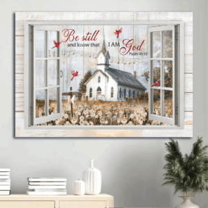 Jesus Landscape Poster Home Decor Gift - Beautiful Church Dandelion Field Red Cardinal - Gift for Christian - Be Still and Know - Religious Wall Art