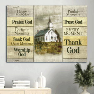 Jesus Church Landscape Poster: Christian Home Decor Gift with Green Meadow Dark Cloud - Praise God in Happy Moments