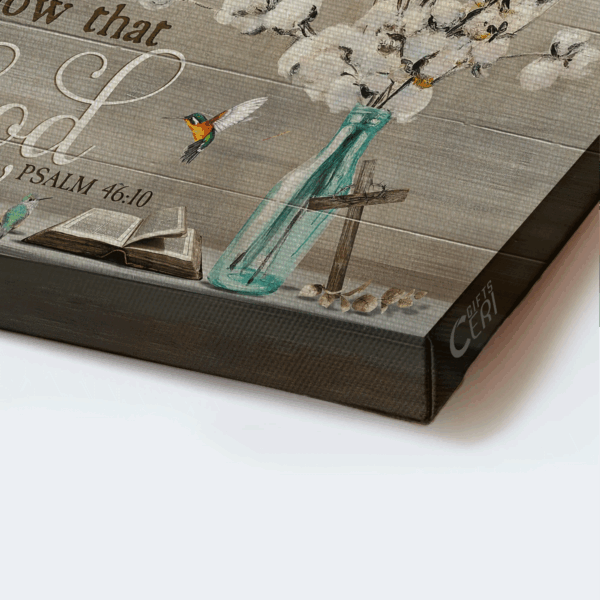 Christian Home Decor Poster – Jesus Landscape with Cotton Flower Blue Bottle Hummingbird – Be Still and Know – Gift Idea