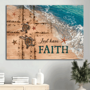 Christian Home Decor Poster: Jesus Beach Painting with Sea Turtle and Cross Symbol - Gift for Faithful Christians