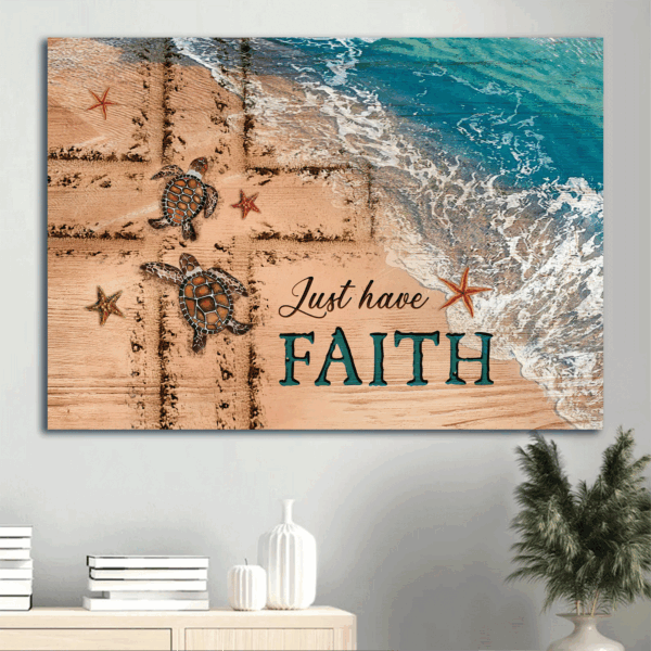Christian Home Decor Poster: Jesus Beach Painting with Sea Turtle and Cross Symbol – Gift for Faithful Christians