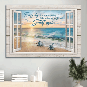 Jesus Landscape Poster - Beach Painting with Sea Turtles and Inspirational Quote - Christian Home Decor Gift