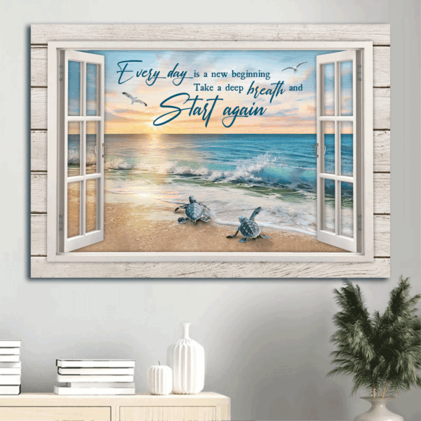 Jesus Landscape Poster – Beach Painting with Sea Turtles and Inspirational Quote – Christian Home Decor Gift