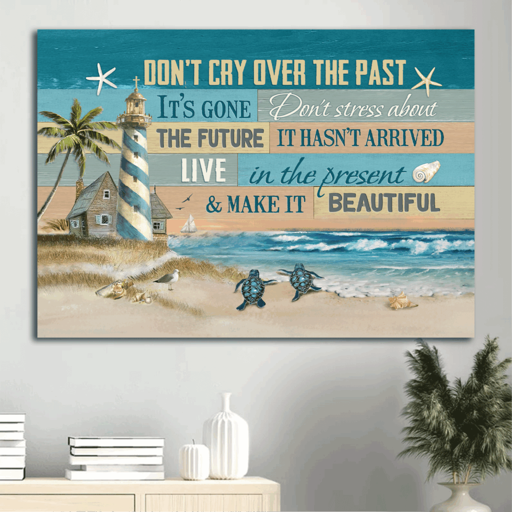 Christian Home Decor Gifts: Jesus Beach & Lighthouse Poster with Sea Turtle – Don t Cry Over The Past Christian Home Decor Gifts: Jesus Beach & Lighthouse Poster with Sea Turtle – Don t Cry Over The Past
