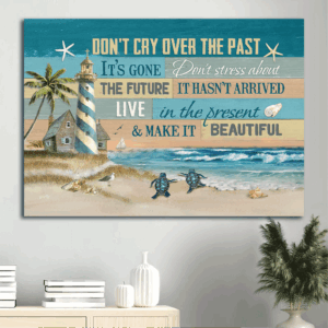 Christian Home Decor Gifts: Jesus Beach & Lighthouse Poster with Sea Turtle - Don t Cry Over The Past