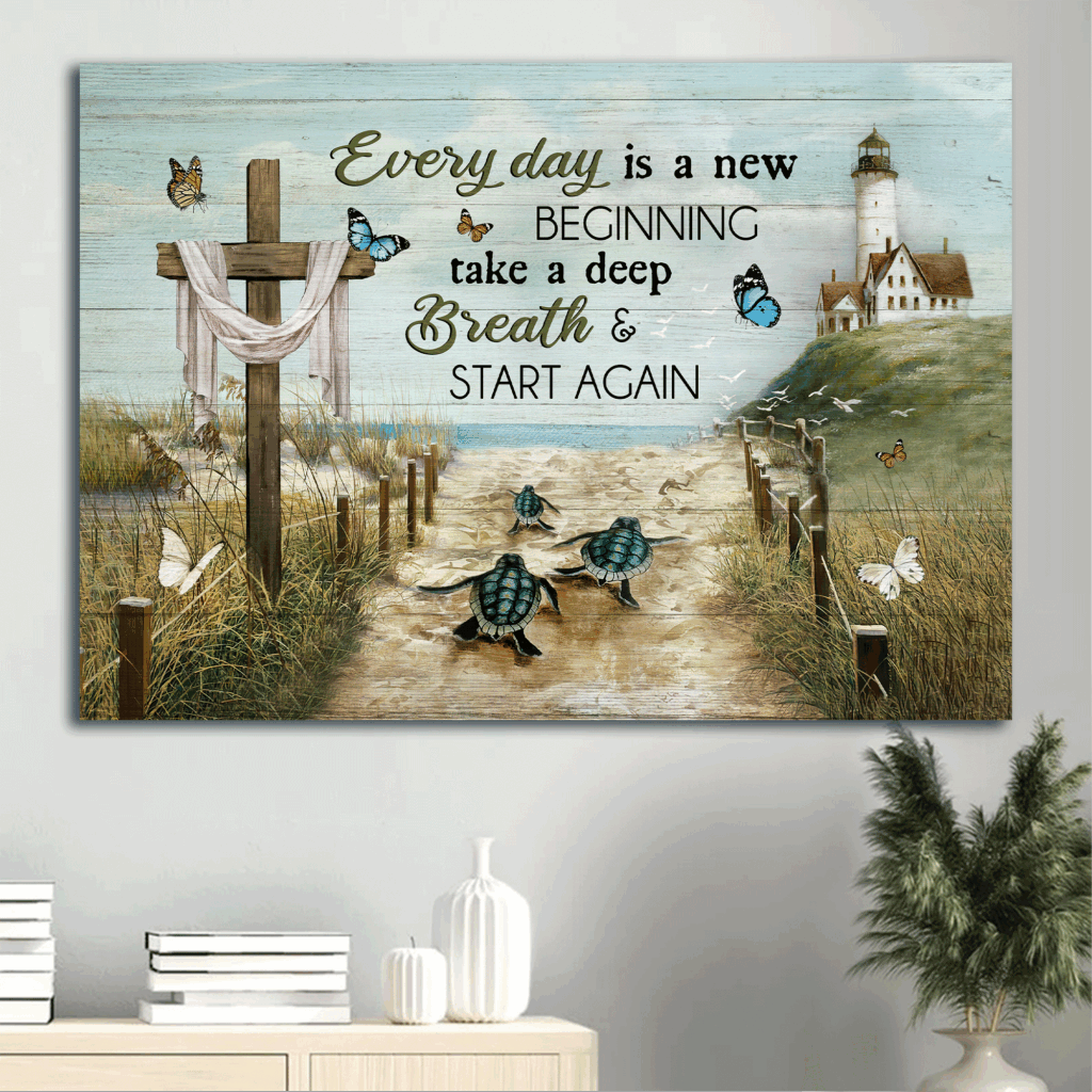 Jesus Landscape Poster Home Decor Gift – Beach Sand Sea Turtle Lighthouse Cross Symbol Colorful Butterfly – Gift For Christian – Everyday Is A New Beginning Jesus Landscape Poster Home Decor Gift – Beach Sand Sea Turtle Lighthouse Cross Symbol Colorful Butterfly – Gift For Christian – Everyday Is A New Beginning