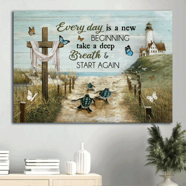 Jesus Landscape Poster Home Decor Gift – Beach Sand Sea Turtle Lighthouse Cross Symbol Colorful Butterfly – Gift For Christian – Everyday Is A New Beginning