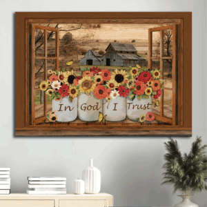 Jesus Landscape Poster Home Decor Gift - Barn On Farm Flowers Yellow Butterfly - Gift For Christian - In God I Trust