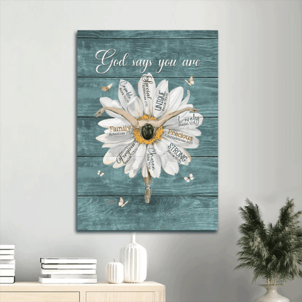 Christian Home Decor Gift: Jesus Portrait Poster with Ballet Dancer White Daisy & Butterfly – God Says You Are