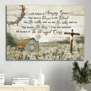 Jesus Landscape Poster Home Decor Gift - Barn & Flower Field Painting with Wooden Cross - Gift for Christian - Amazing Grace