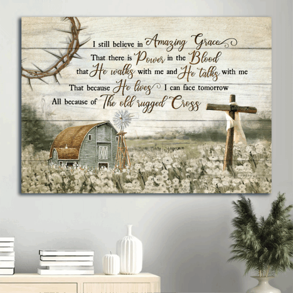Jesus Landscape Poster Home Decor Gift – Barn & Flower Field Painting with Wooden Cross – Gift for Christian – Amazing Grace