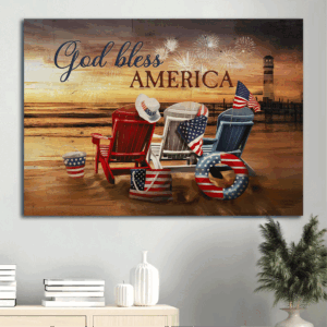 Jesus Landscape Poster: Beach Chairs American Flag Firework Sunset Beach Painting - Gift For Christian - God Bless America