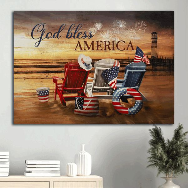 Jesus Landscape Poster: Beach Chairs American Flag Firework Sunset Beach Painting – Gift For Christian – God Bless America