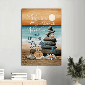 Jesus Beach Scene Poster Home Decor Gift for Christian - Life Balance Pebble Daisy Flower