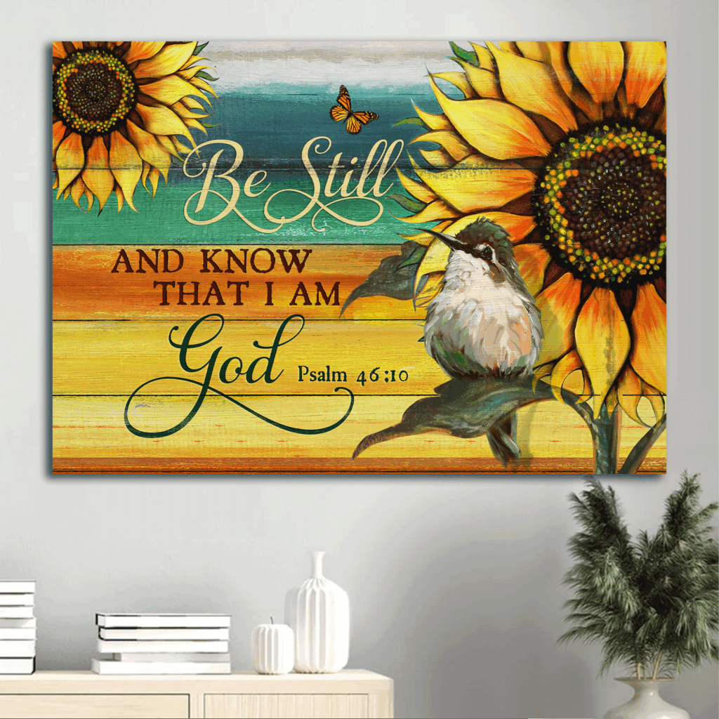 Christian Home Decor Gift: Jesus Landscape & Sunflower Poster – Be Still I Am God