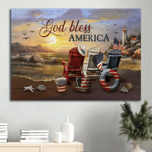 Jesus Landscape Poster - Beach Chair American Flag Seagull Painting - Gift For Christian Home Decor - God Bless America