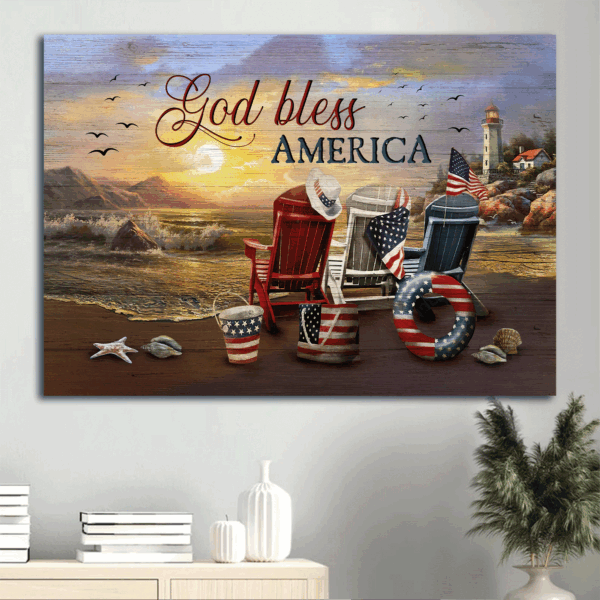 Jesus Landscape Poster – Beach Chair American Flag Seagull Painting – Gift For Christian Home Decor – God Bless America