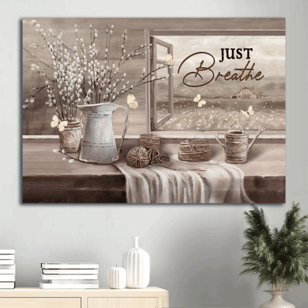 Christian Home Decor Gift: Jesus Landscape Poster with Baby Flower Rope Drawing Vintage Painting and White Butterfly – Just Breathe
