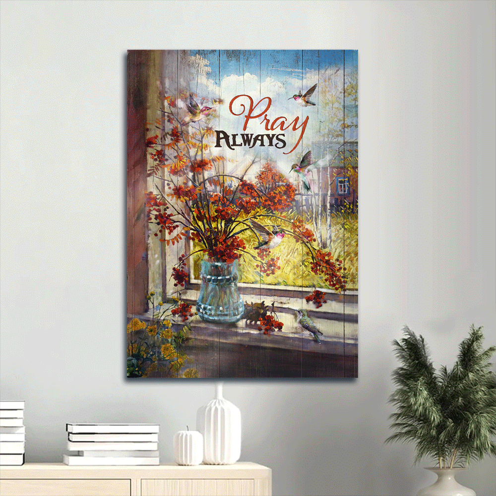 Christian Home Decor Gift: Jesus Portrait Poster with Orange Flower Autumn Drawing and Hummingbird Painting – Pray Always Christian Home Decor Gift: Jesus Portrait Poster with Orange Flower Autumn Drawing and Hummingbird Painting – Pray Always