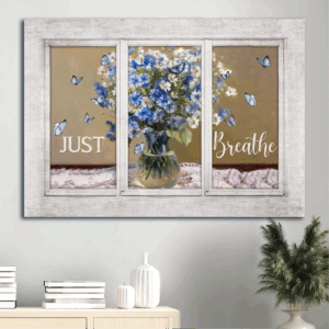 Christian Home Decor Gift Set - Jesus Landscape Poster Watercolor Butterfly Just Breathe White Window - Perfect Gift for Christians