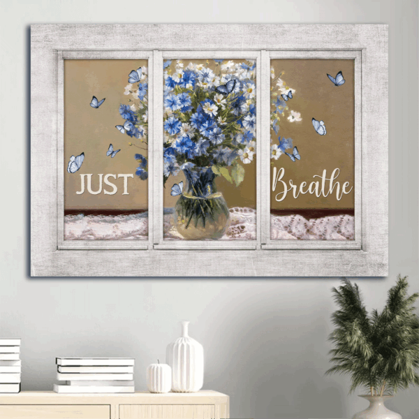 Christian Home Decor Gift Set – Jesus Landscape Poster Watercolor Butterfly Just Breathe White Window – Perfect Gift for Christians