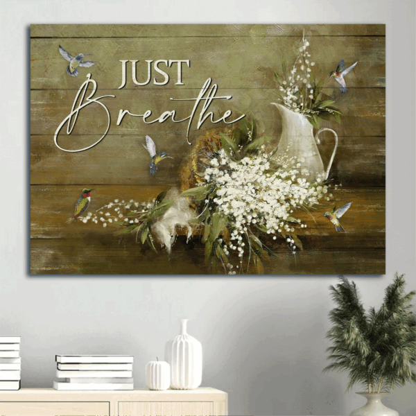 Christian Home Decor Gift: Jesus Landscape & Still Life Poster with Baby Flower & Hummingbird – Just Breathe Inspirational Art