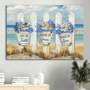 Christian Home Decor Gift: Jesus Landscape Poster with Baby Flower Beach Drawing White Fence Sea Animal - Live By Faith