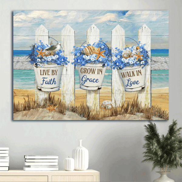 Christian Home Decor Gift: Jesus Landscape Poster with Baby Flower Beach Drawing White Fence Sea Animal – Live By Faith