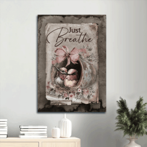 Jesus Portrait Poster Home Decor Gift - Baby & Couple Hummingbird Flower Vase Pink Bow Just Breathe - Perfect Gift For Christian