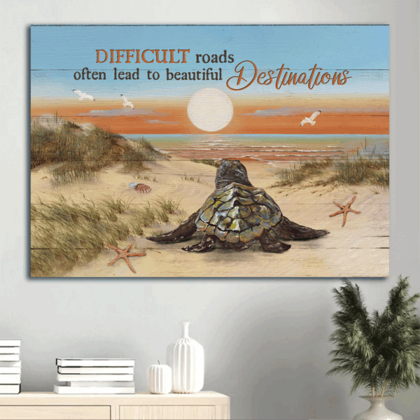 Christian Home Decor Gift: Jesus Landscape Poster with Baby Turtle Sunrise Ocean and Sand Beach – Beautiful Destinations