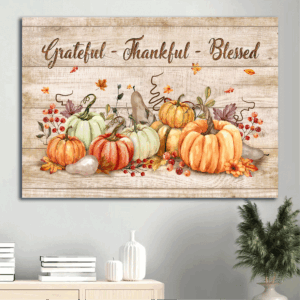 Jesus Landscape & Pumpkin Poster Home Decor Gift - Autumn Painting for Christian - Grateful Thankful & Blessed