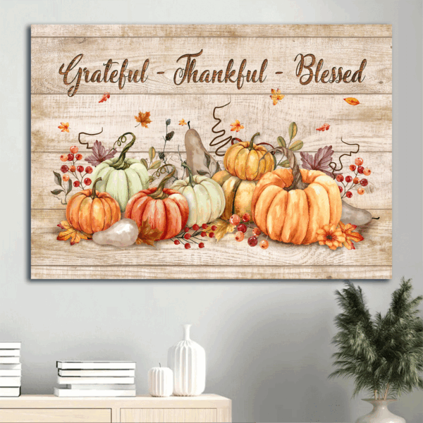 Jesus Landscape & Pumpkin Poster Home Decor Gift – Autumn Painting for Christian – Grateful Thankful & Blessed