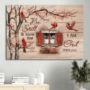 Autumn Jesus Landscape Poster - Red Cardinal Vintage Windows Cranberry Decor Gift for Christian - Be Still & Know