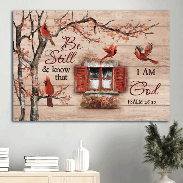 Autumn Jesus Landscape Poster – Red Cardinal Vintage Windows Cranberry Decor Gift for Christian – Be Still & Know