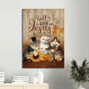 Autumn Jesus Portrait Poster - Cute Kittens Pumpkin Drawing Christian Home Decor Gift