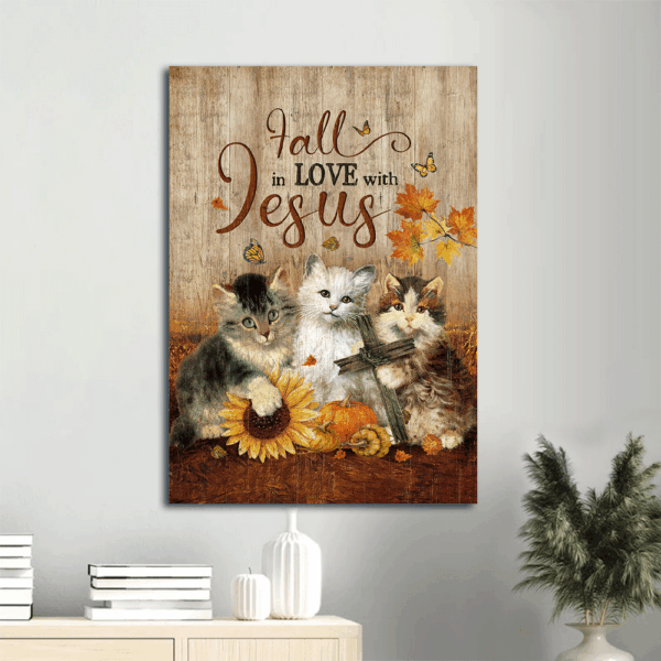 Autumn Jesus Portrait Poster – Cute Kittens Pumpkin Drawing Christian Home Decor Gift