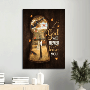 Autumn Jesus Portrait Poster with Wooden Cross and Red Cardinal - Christian Home Decor Gift: God Will Never Leave You
