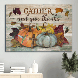Autumn Jesus Landscape Poster: Colorful Pumpkin Watercolor Hummingbird Wooden Cross - Perfect Christian Home Decor Gift for Gather And Give Thanks