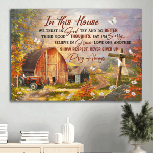 Autumn Jesus Landscape Poster: Wooden Cross Farmhouse Decor Gift for Christian Home - In This House We Trust in God