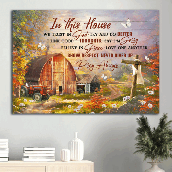 Autumn Jesus Landscape Poster: Wooden Cross Farmhouse Decor Gift for Christian Home – In This House We Trust in God