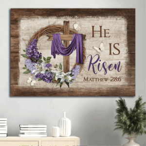 Christian Home Decor Poster - Jesus Landscape with Cross Butterfly Floral Wreath Purple Silk - He Is Risen Gift