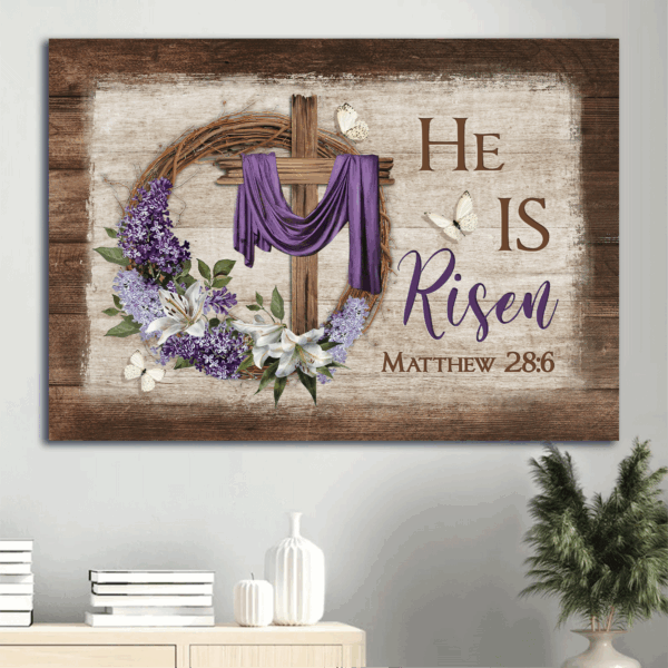 Christian Home Decor Poster – Jesus Landscape with Cross Butterfly Floral Wreath Purple Silk – He Is Risen Gift