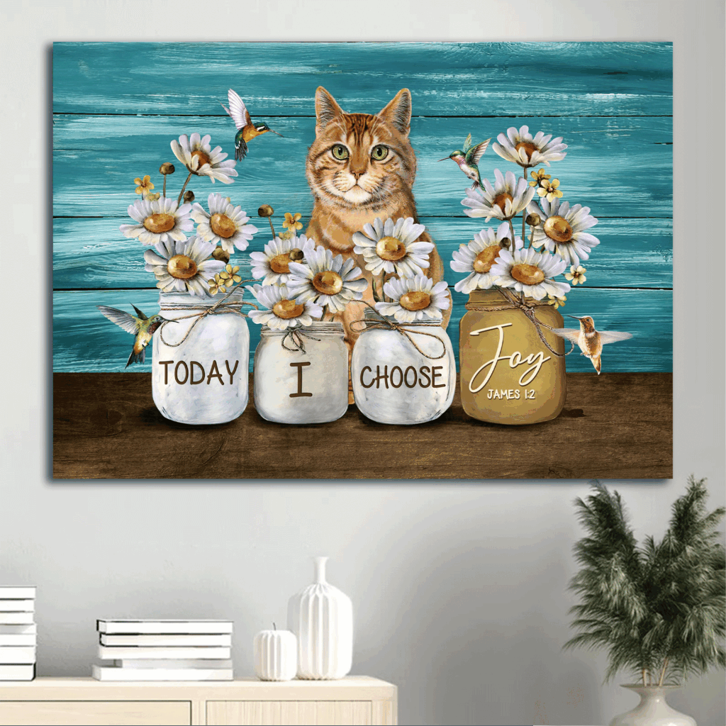 Jesus Landscape Poster Home Decor Gift – Joyful Christian Gift with Daisy Vase Hummingbird and Yellow Cat