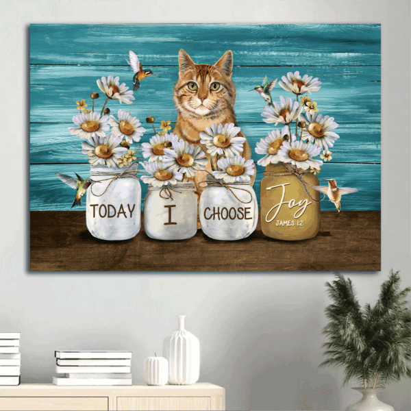 Jesus Landscape Poster Home Decor Gift – Joyful Christian Gift with Daisy Vase Hummingbird and Yellow Cat