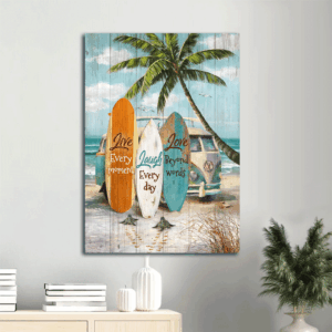Jesus Portrait Poster Home Decor Gift - Beach Sea Turtle Surfboard - Christian Gift - Live Every Moment