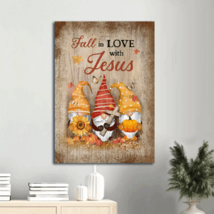 Autumn Gnome Jesus Portrait Poster - Christian Home Decor Gift with Wooden Cross Sunflower & Butterfly