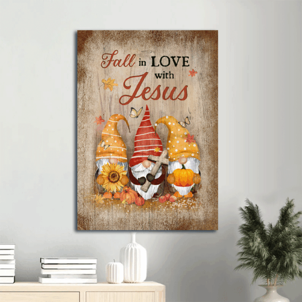 Autumn Gnome Jesus Portrait Poster – Christian Home Decor Gift with Wooden Cross Sunflower & Butterfly