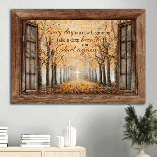 Autumn Forest Jesus Landscape Poster Home Decor Gift – Christian Golden Cross Art