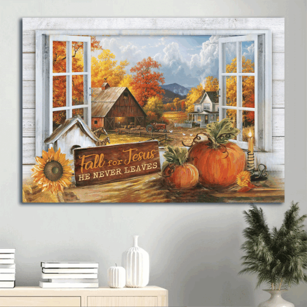 Fall for Jesus Landscape Poster – Autumn Painting Pumpkin & Halloween Art – Farmhouse Decor Gift for Christian